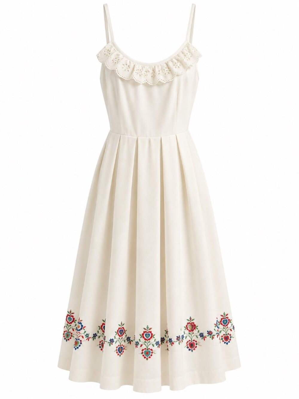 Vintage Lanz Originals White Midi Sundress Eyelet Ruffle & Floral Embroidery
